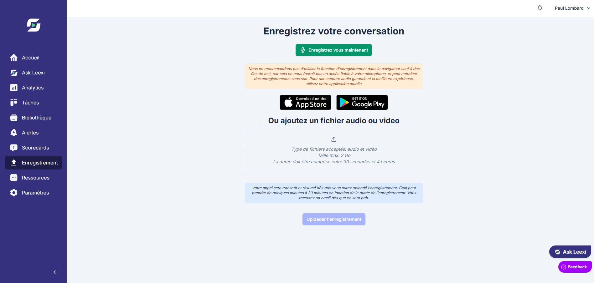 Enregistrement immédiat