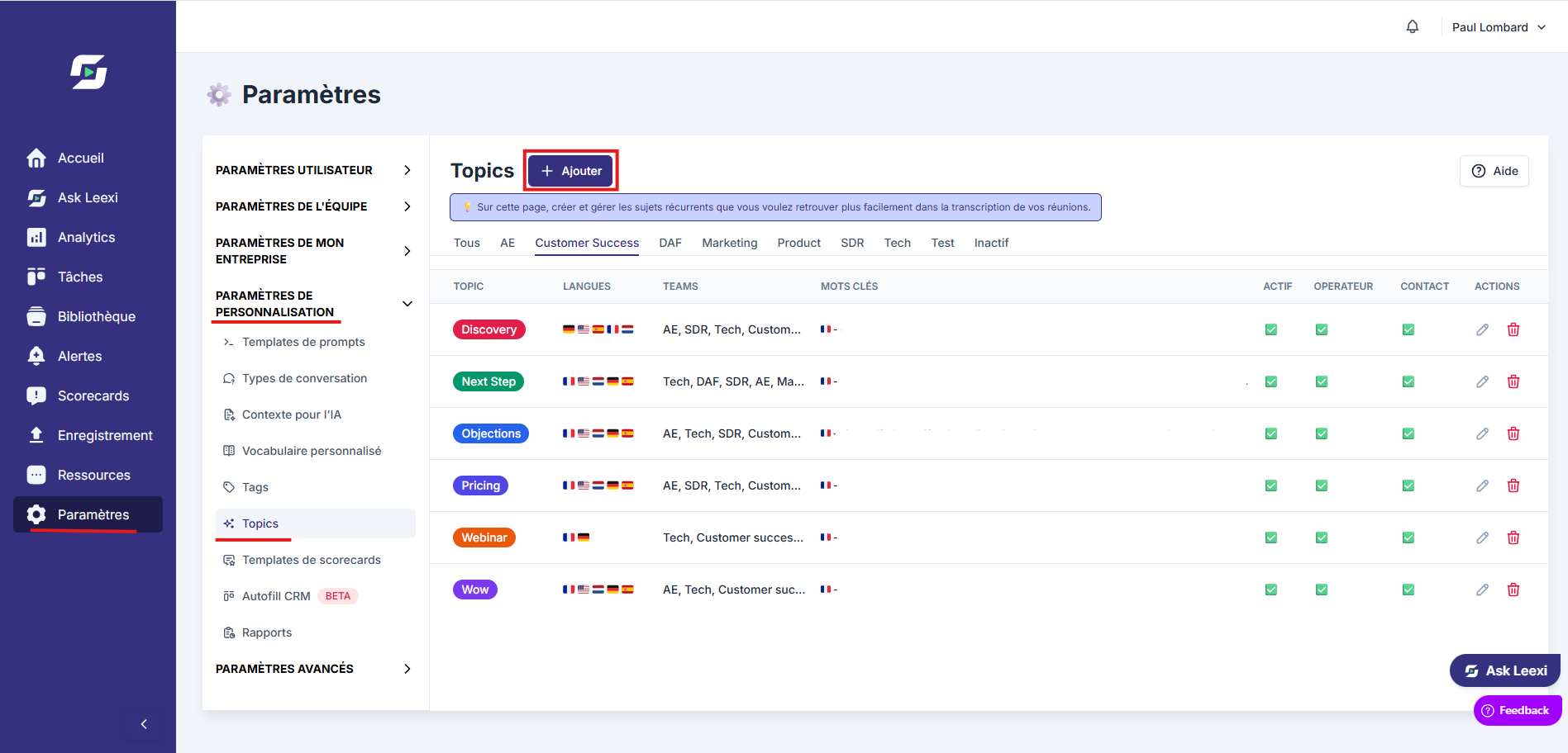 Configuration des topics