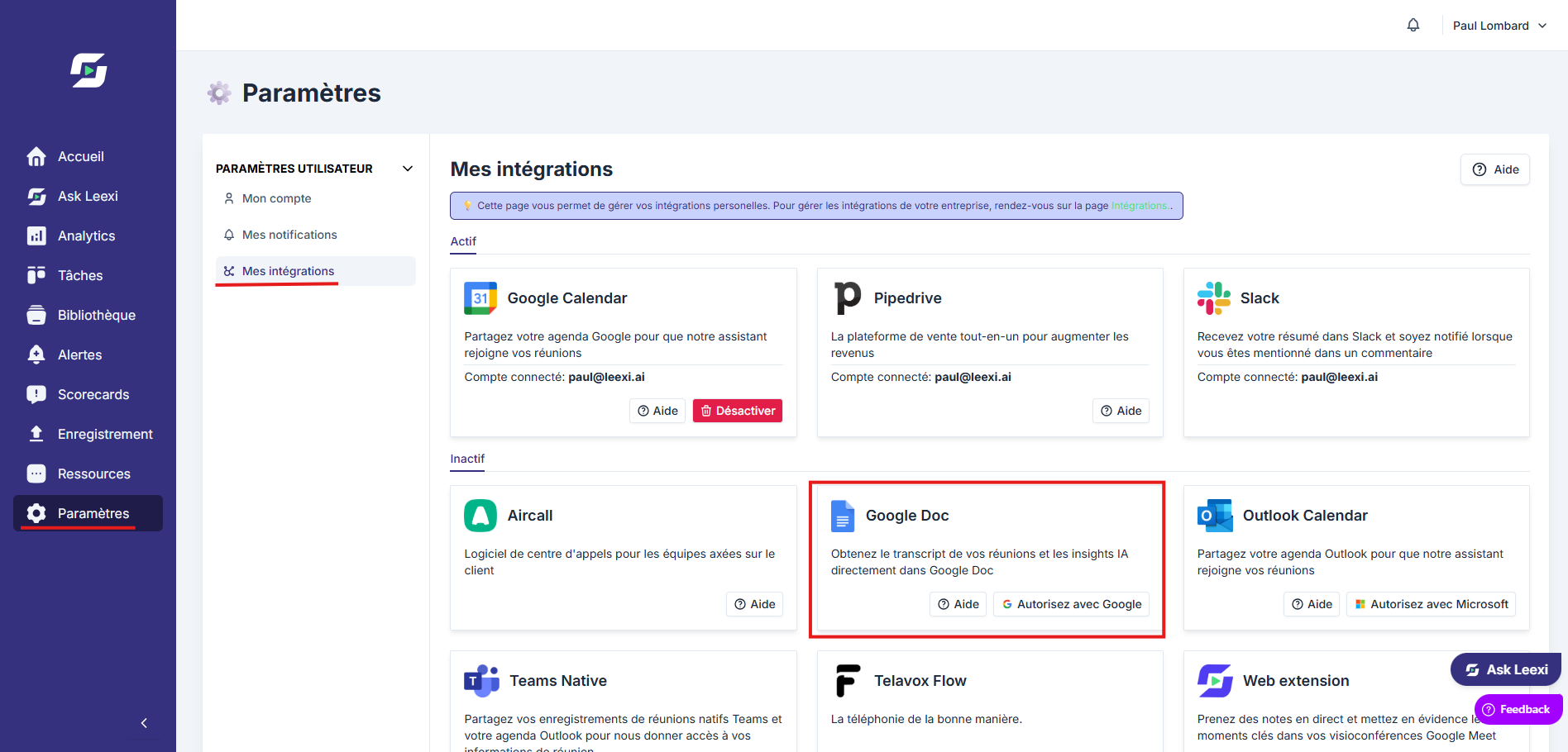 Activation de Google Doc