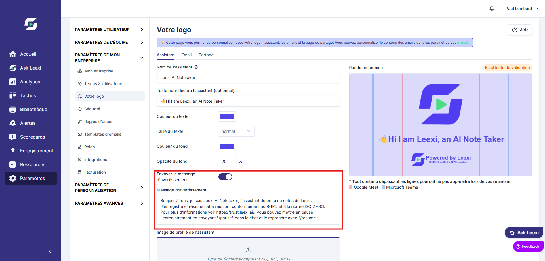Paramètres de personnalisation du bot