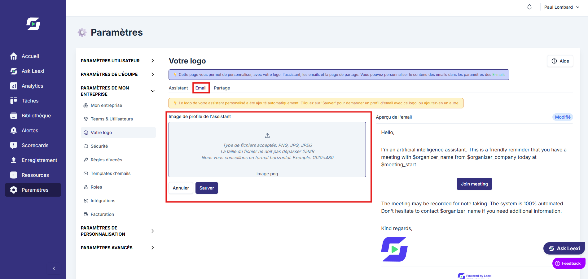Personnalisation de la page de partage