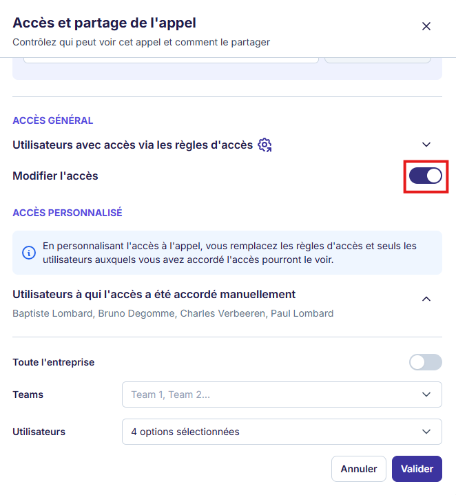Accès personnalisé sur un call