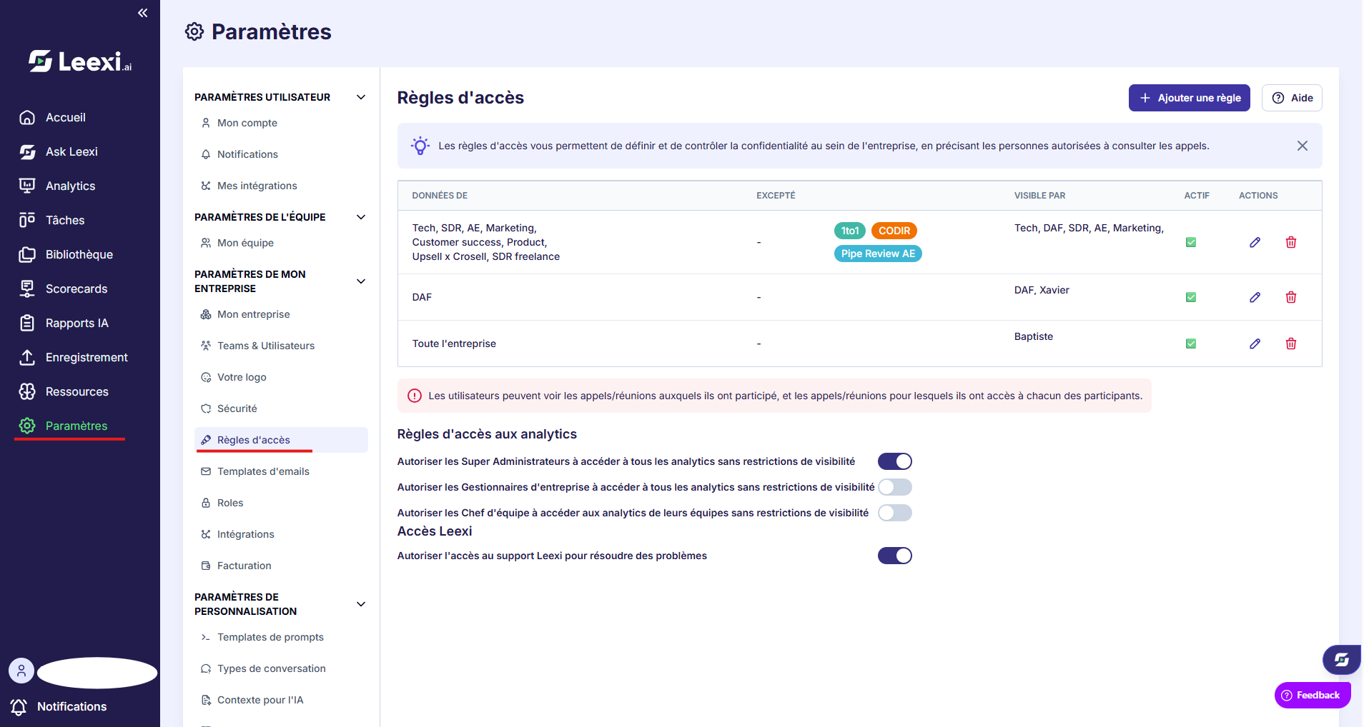 Menu des règles d'accès