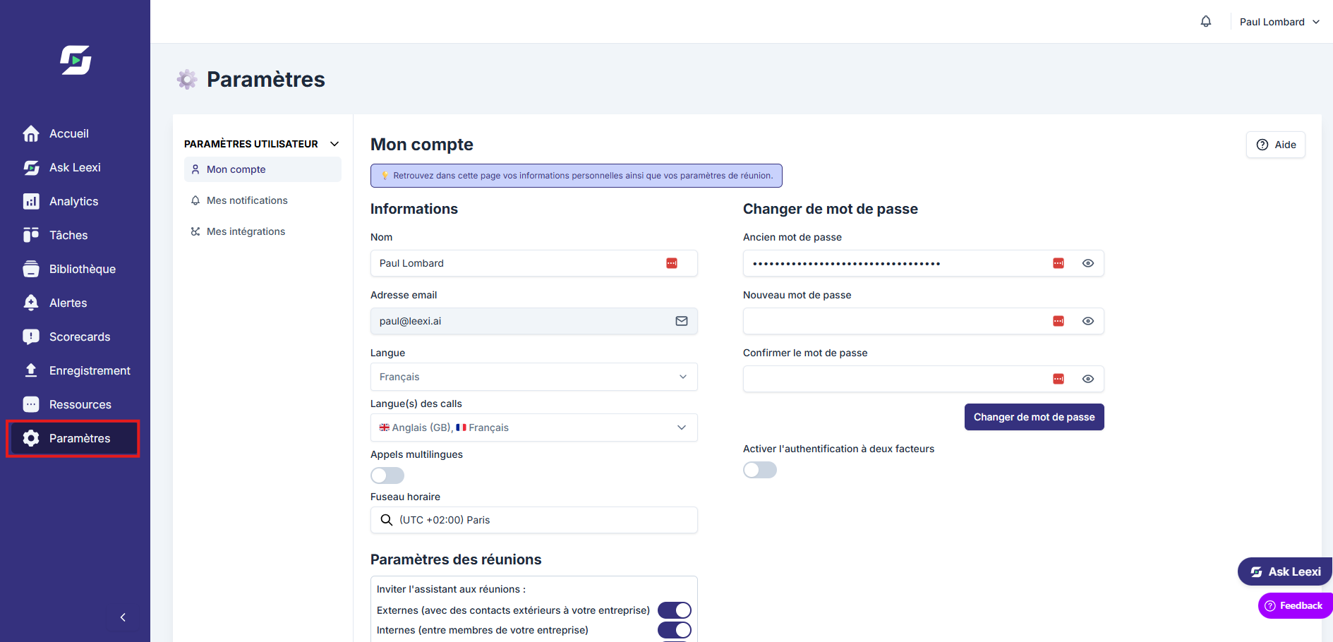 Accès aux paramètres