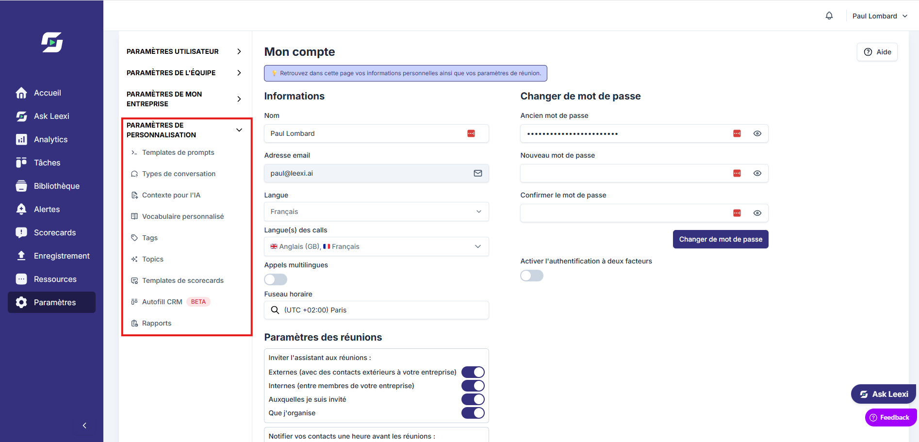 Accès personnalisation
