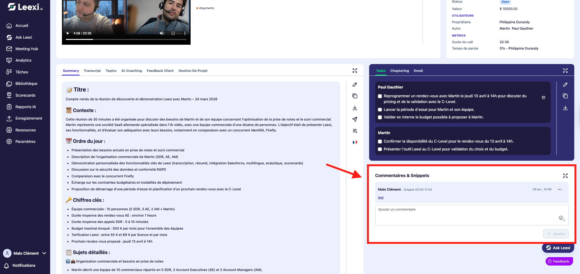Snippet visible sur la page d'appel