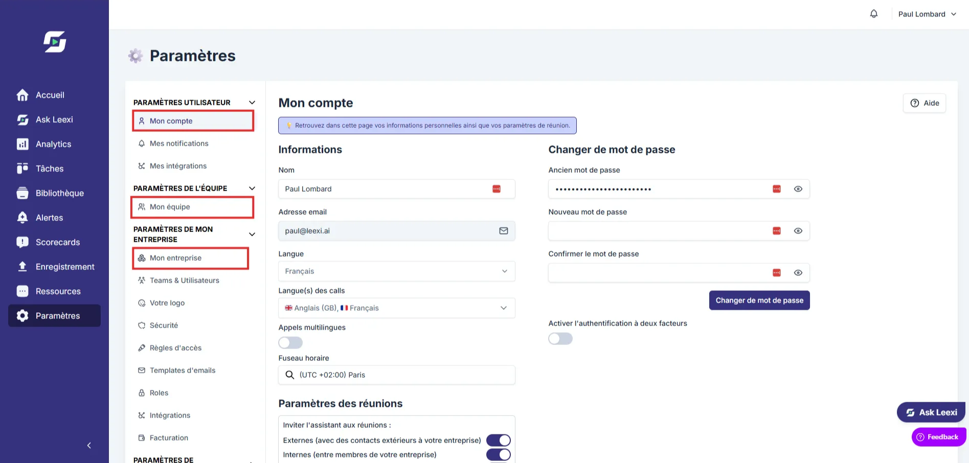 Niveaux de paramétrage