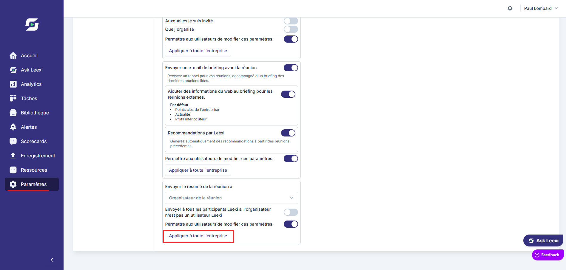 Paramètre entreprise