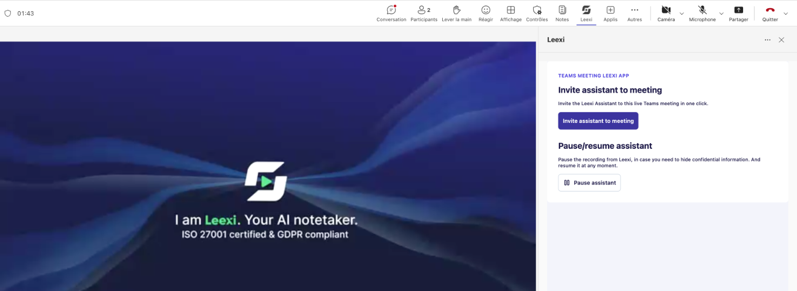Pause assistant button in the Leexi app on Teams