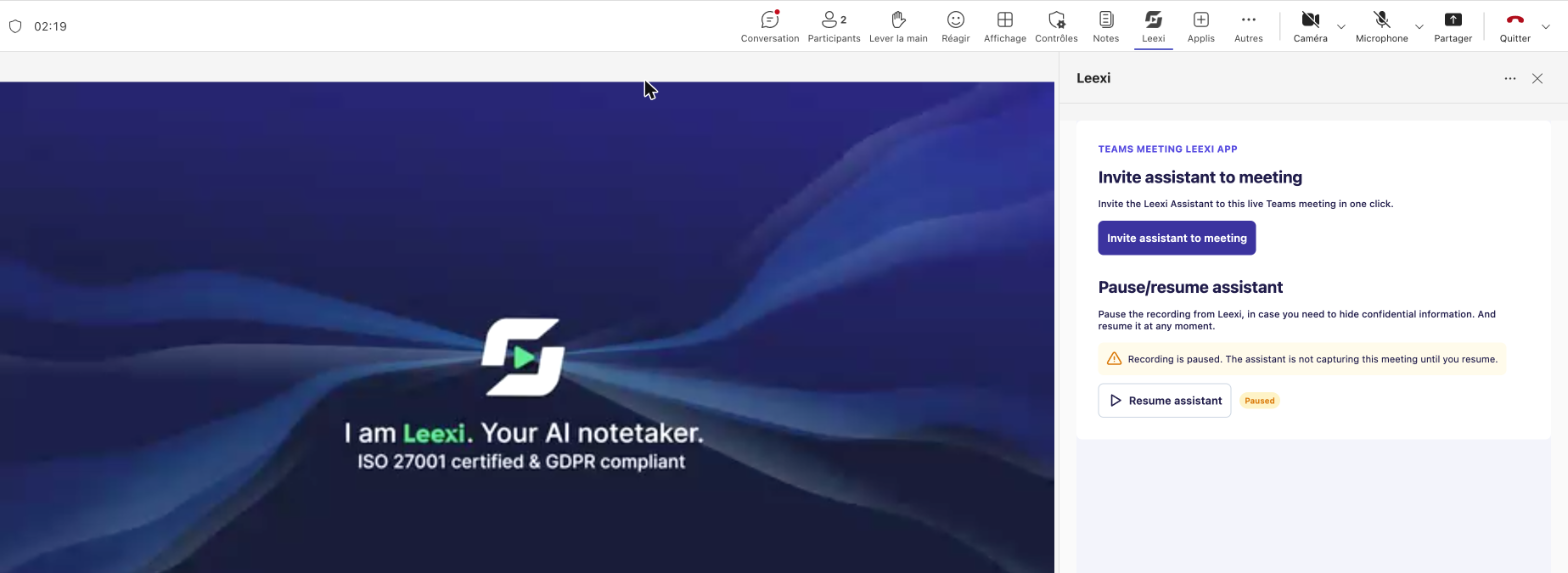 Paused banner and Resume assistant button in the Leexi app on Teams