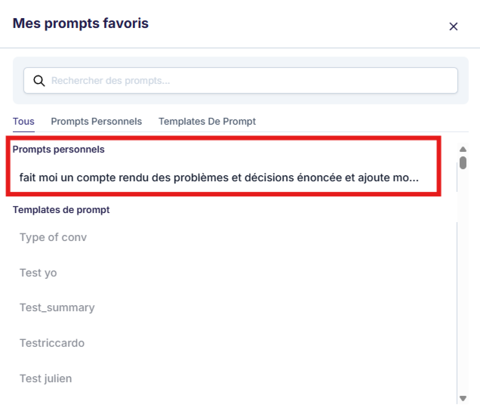 Liste des favoris