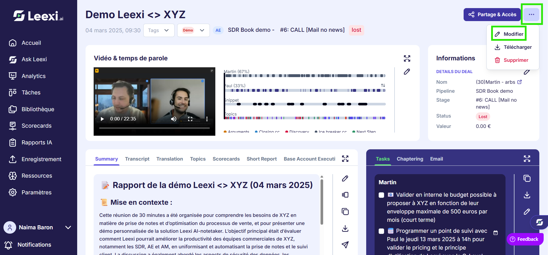 Édition depuis la page d'appel