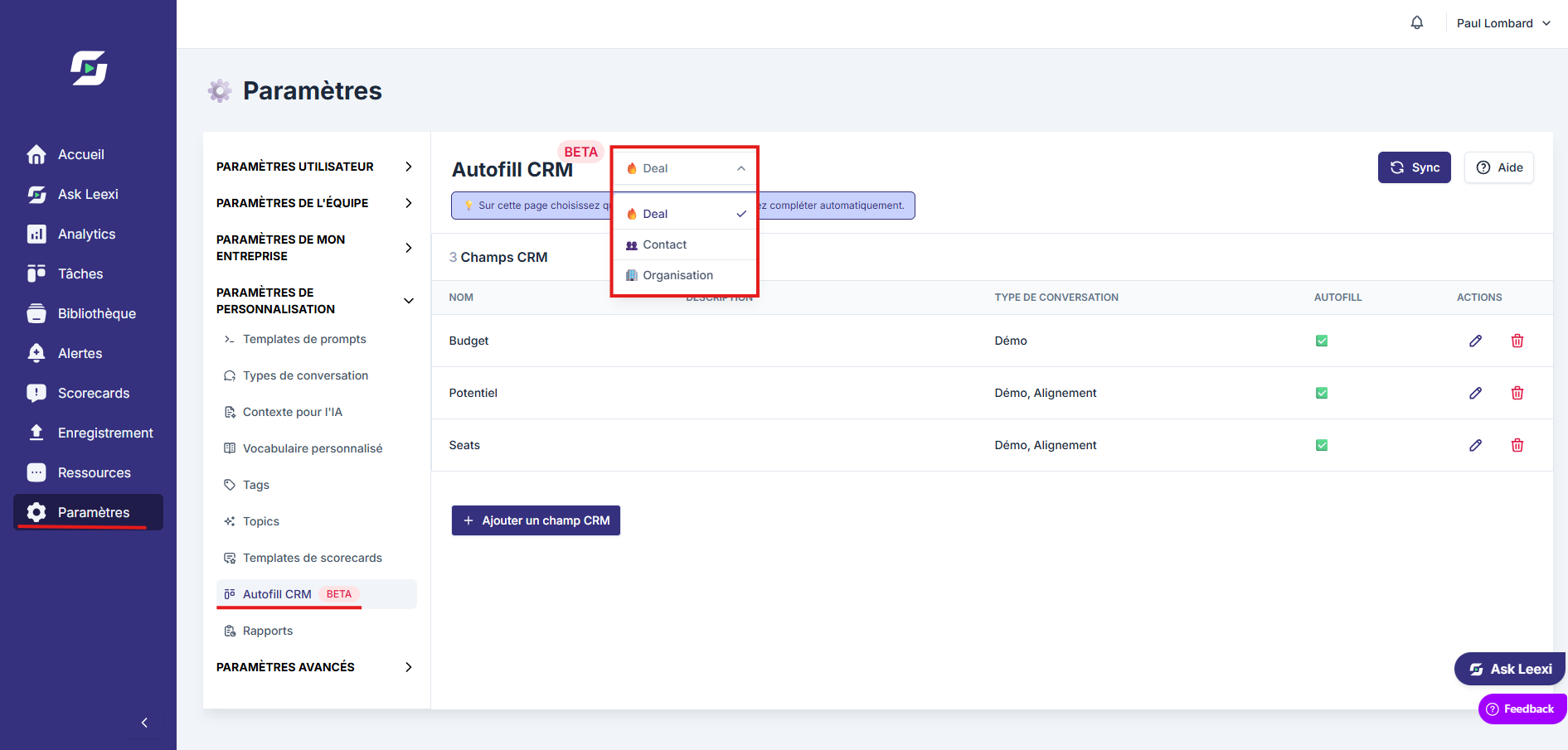 Paramétrage des champs CRM