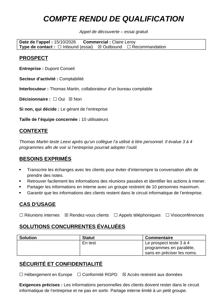 Example of a document filled in by the AI