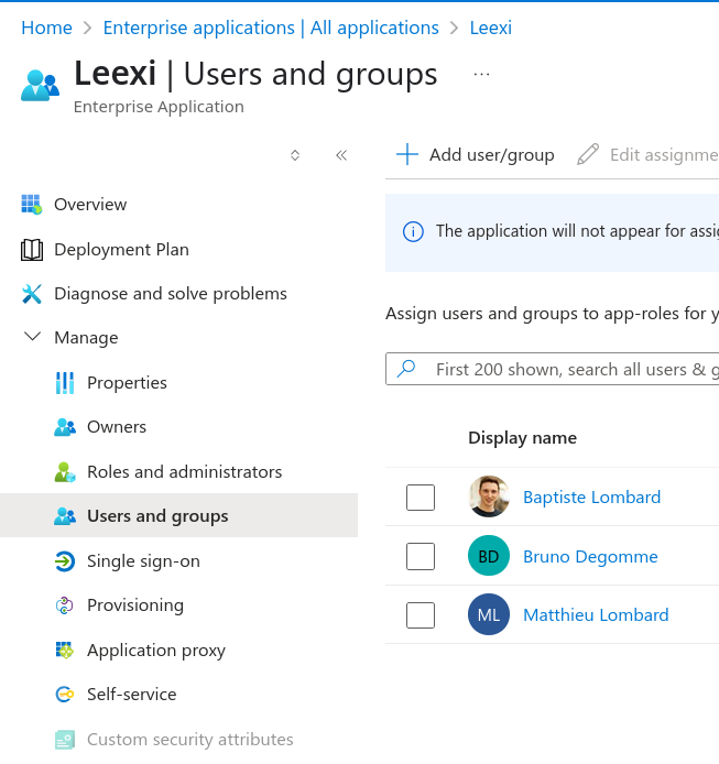 Ajout d'un utilisateur dans Users and groups sur le portail Azure