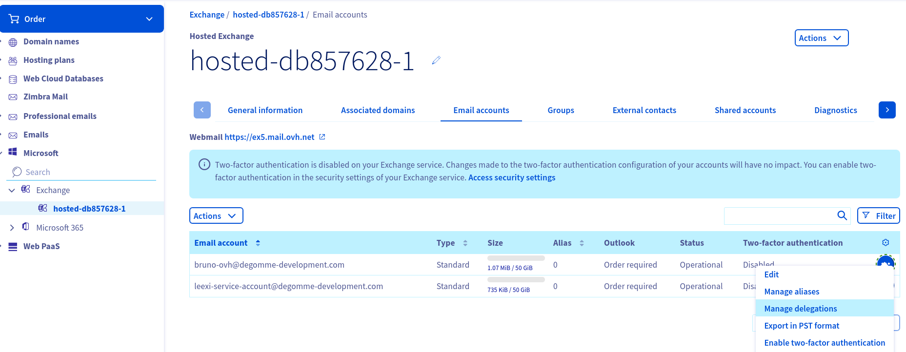 Menu Gérer les délégations dans l'interface OVHcloud