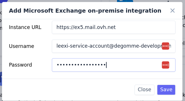 Formulaire d'activation de l'intégration Microsoft Exchange on-premise