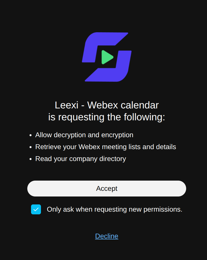 Permissions Webex demandées par Leexi