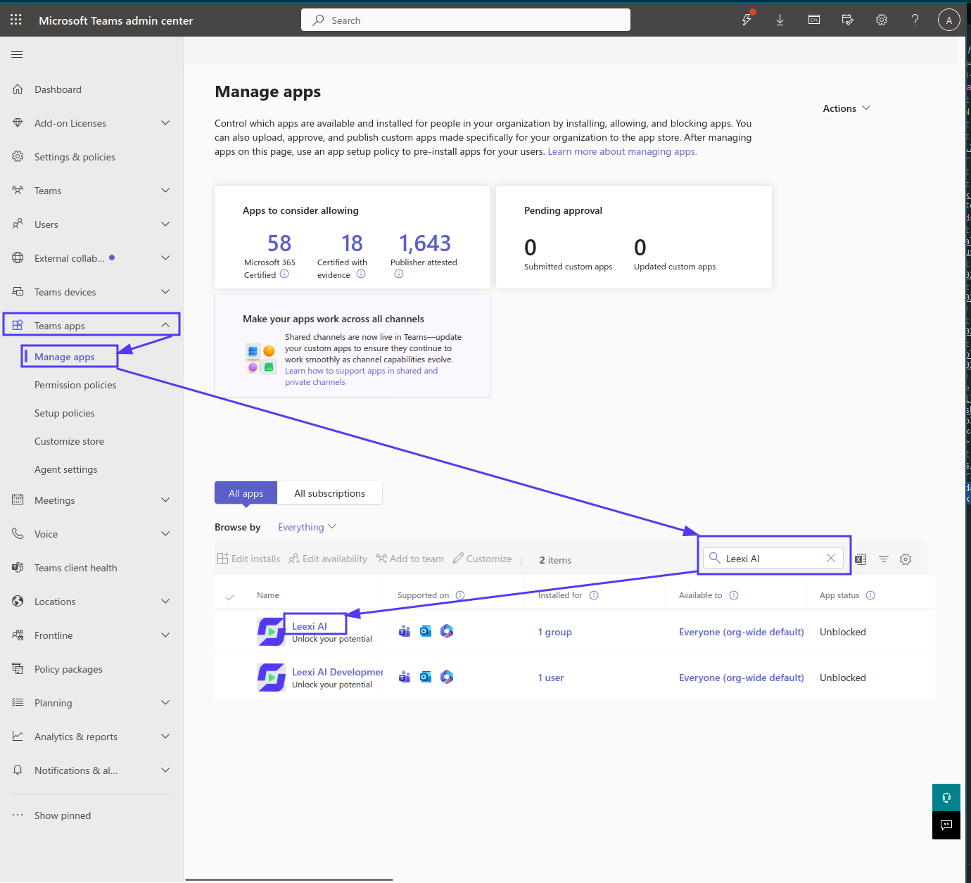 Recherche de Leexi AI dans Gérer les applications