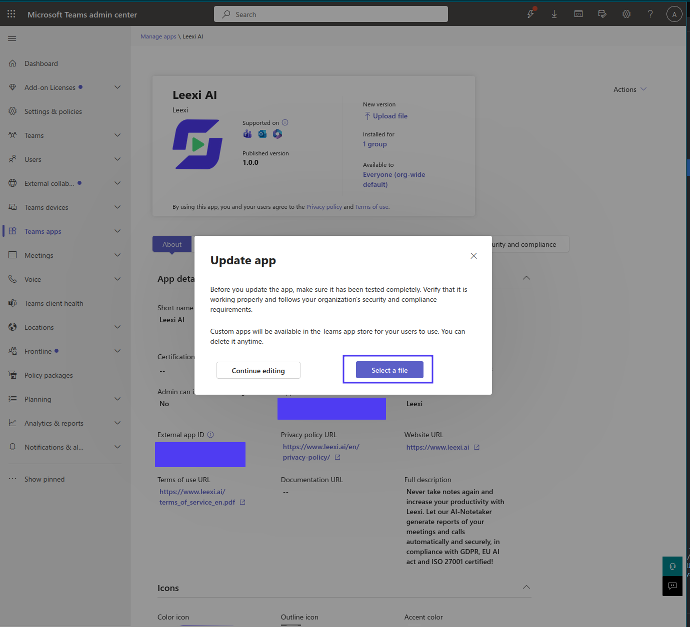Fenêtre d'import du fichier de l'application