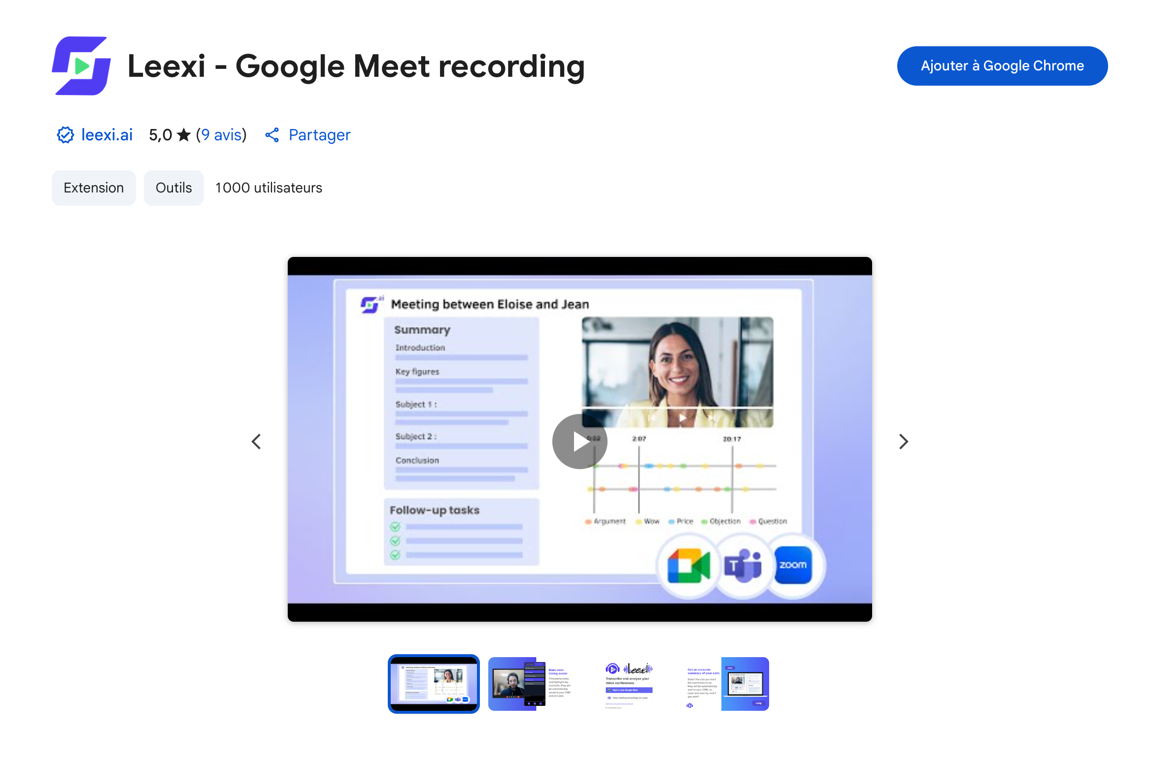Page de l'extension Leexi sur le Chrome Web Store