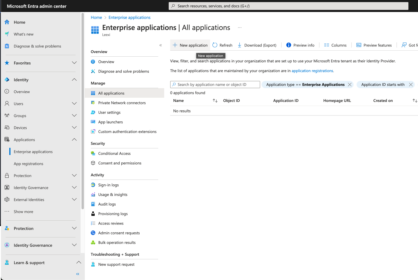 Bouton Nouvelle application dans Entra