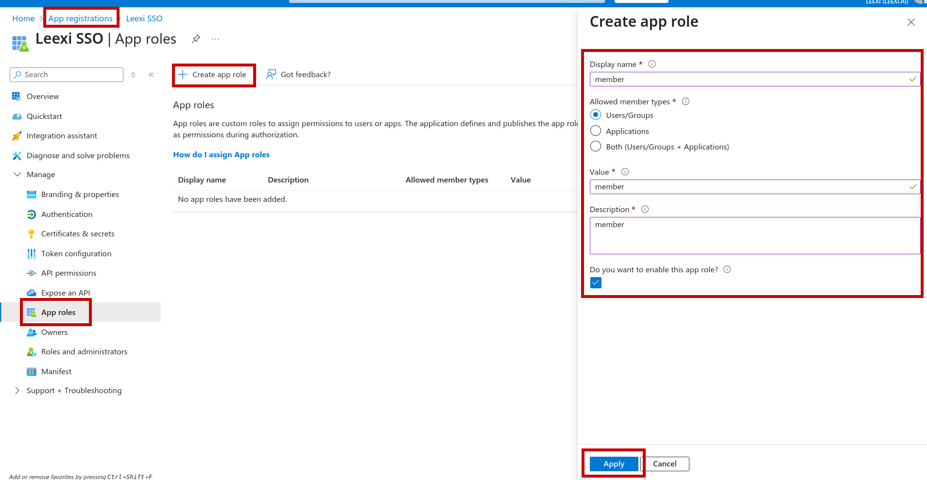 Création d'un rôle d'application