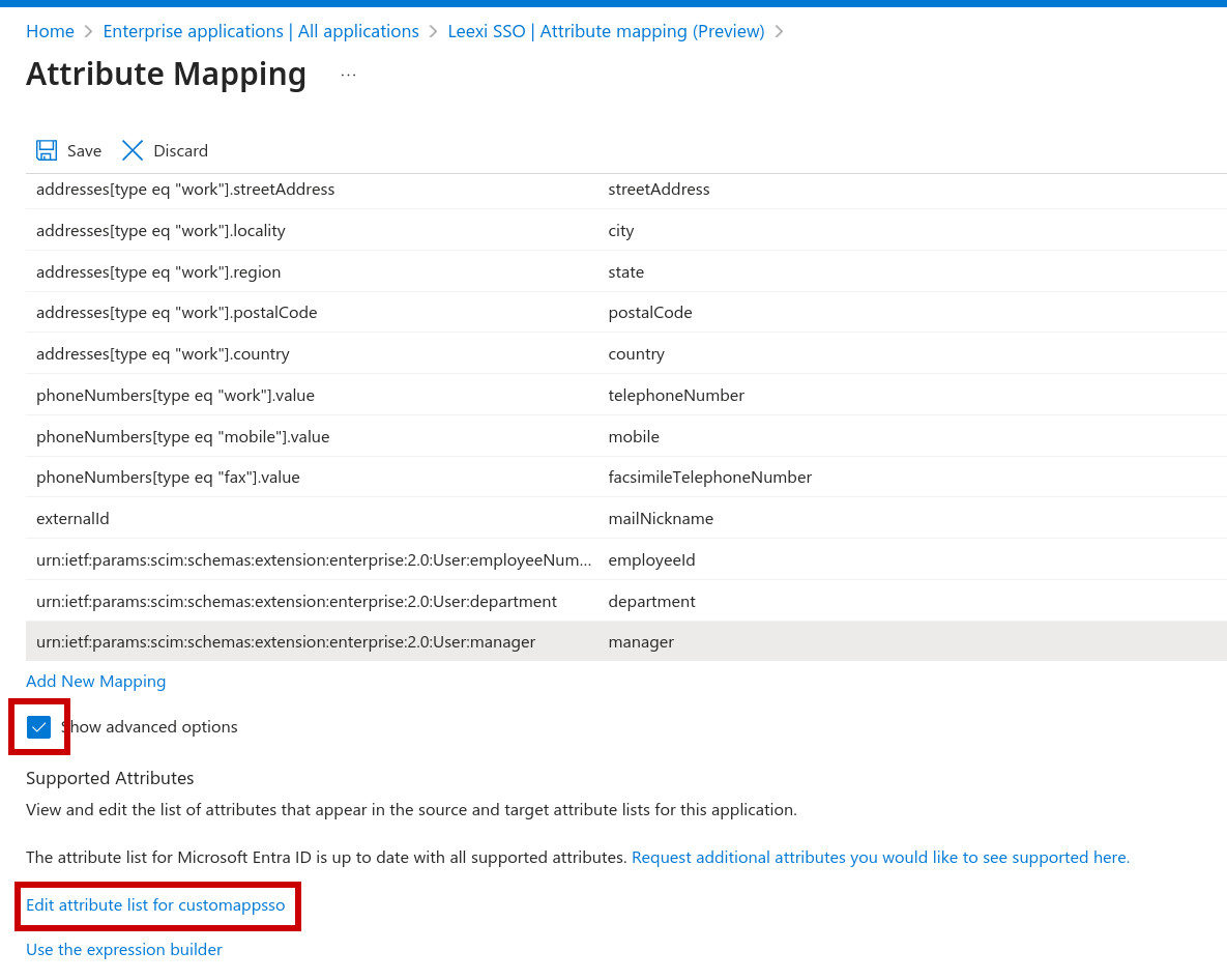 Modifier la liste d'attributs pour customappsso