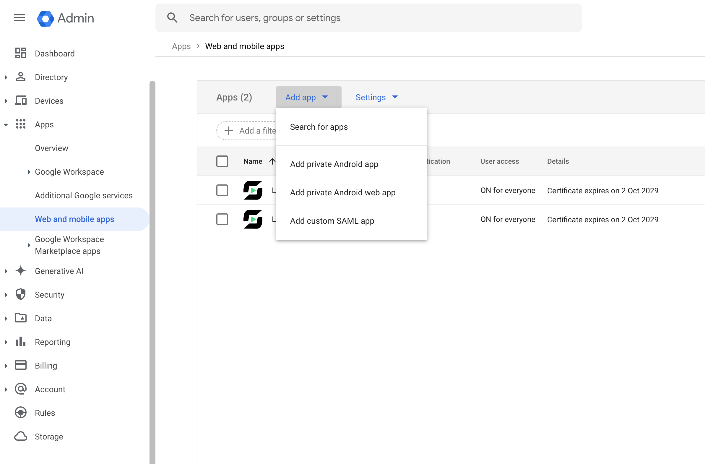 Menu Applications Web et mobiles dans la console Google Admin
