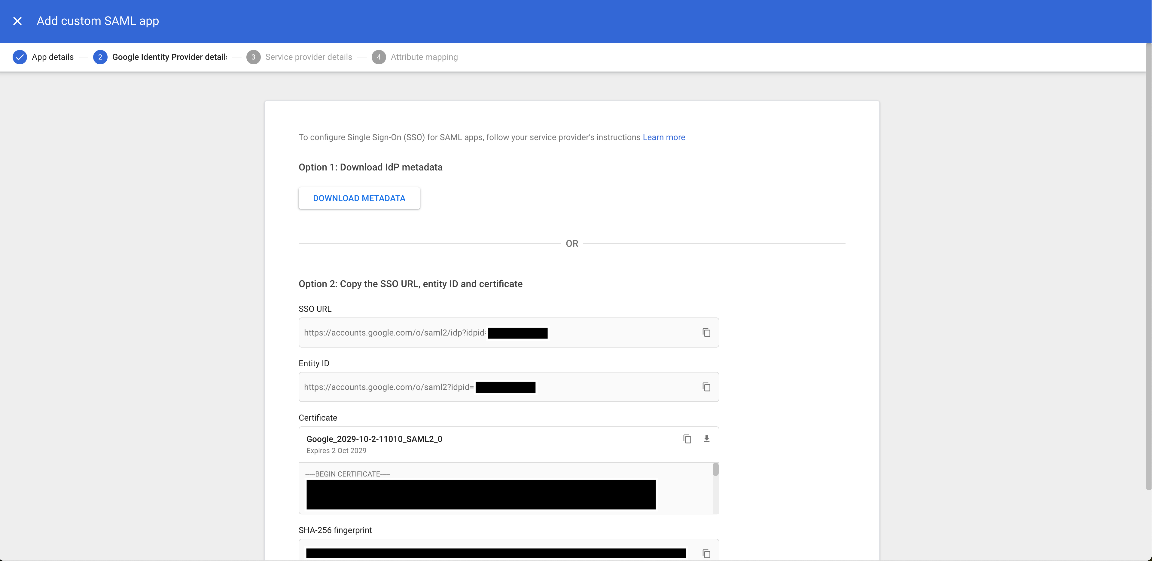 Écran de nommage de l'application SAML