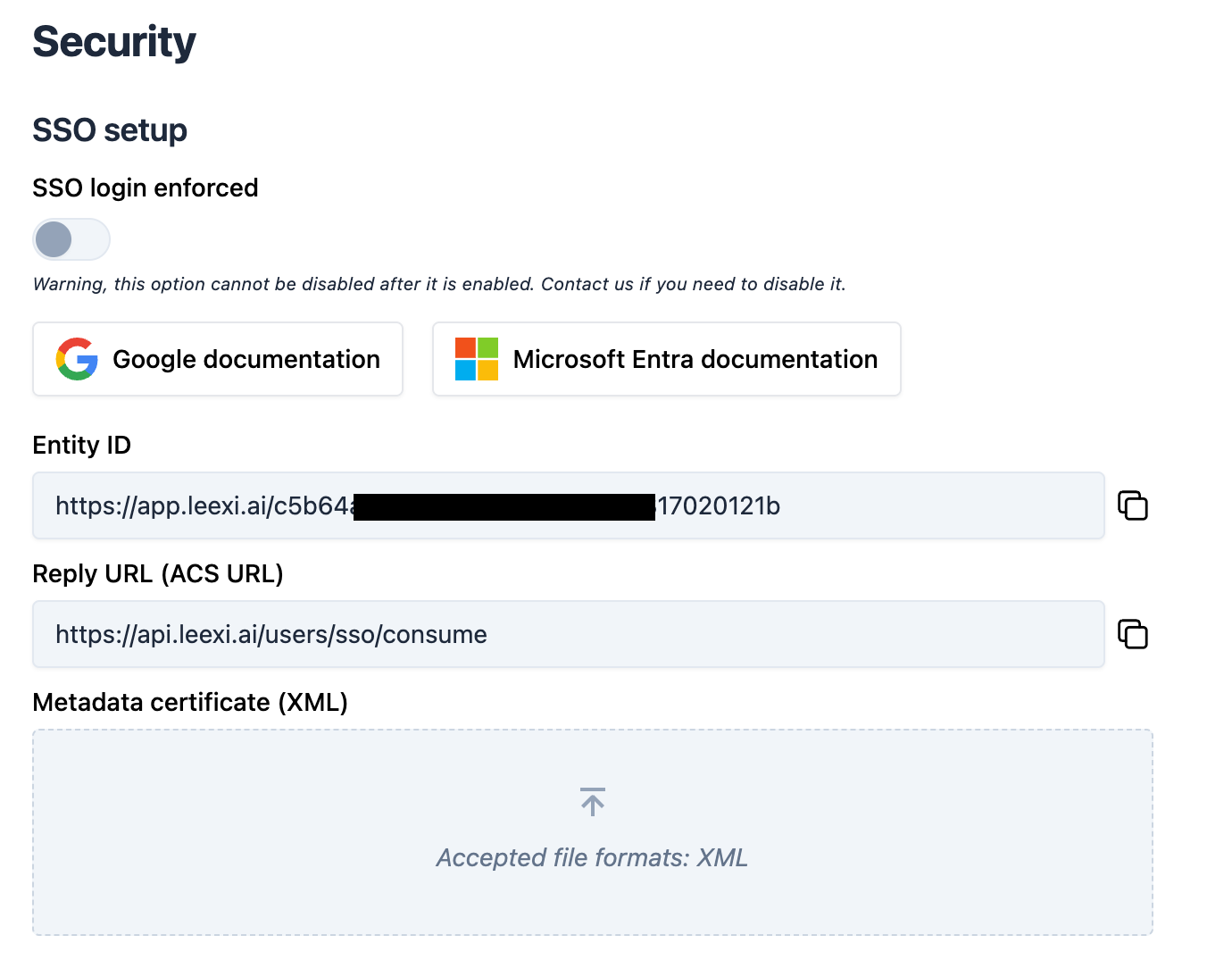 Renseigner Single sign-on URL et Audience URI avec les valeurs Leexi