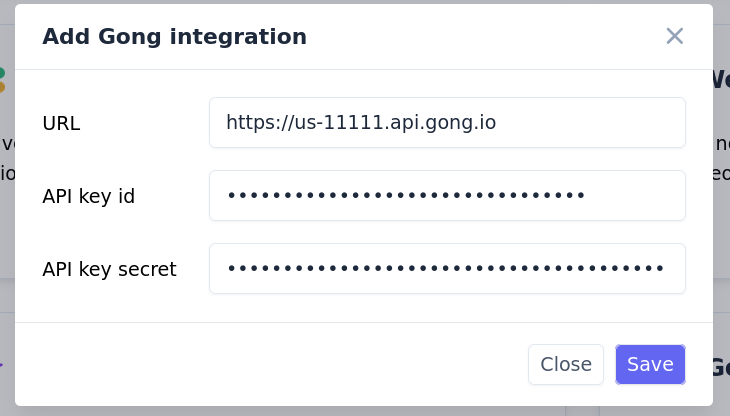 Formulaire de configuration de la migration Gong