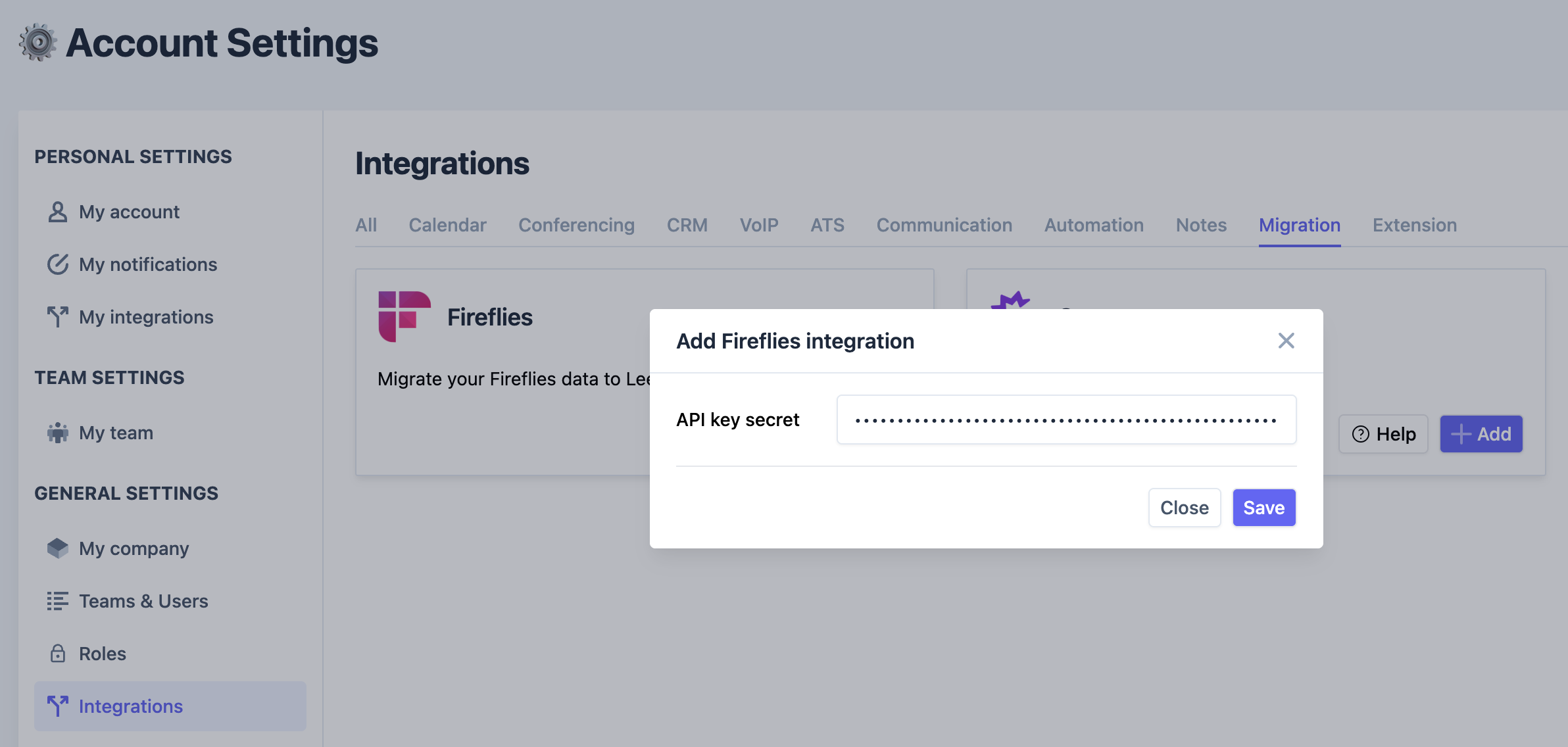 Formulaire de configuration de la migration Fireflies