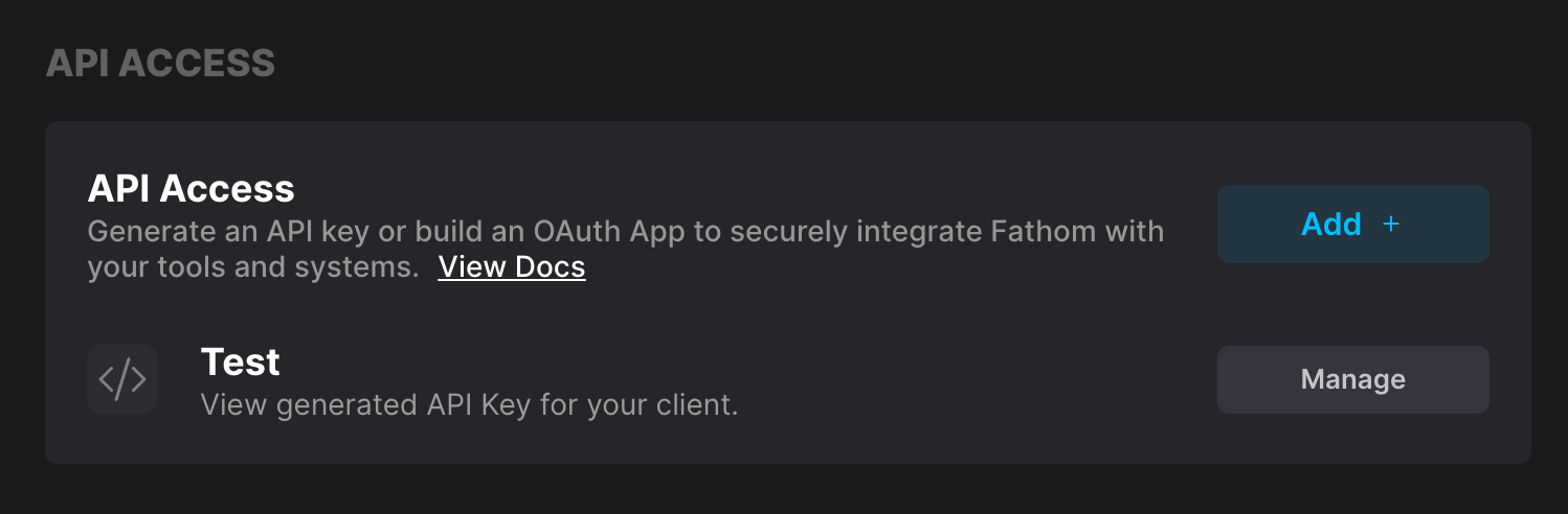 Section API Access de Fathom avec le bouton Add +