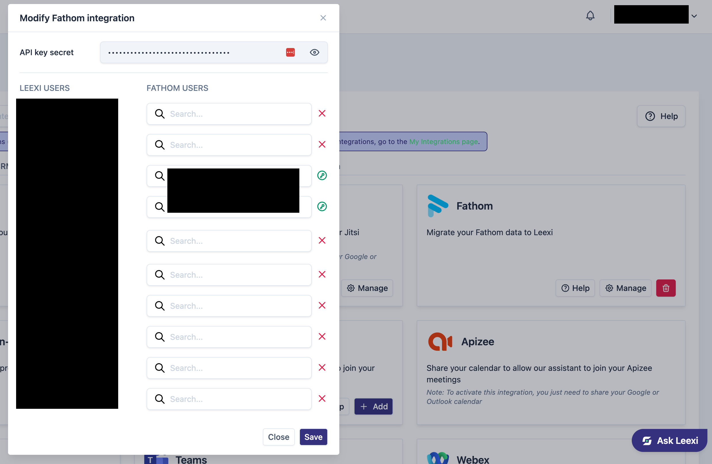 Liste des utilisateurs ayant renseigné leur clé API Fathom