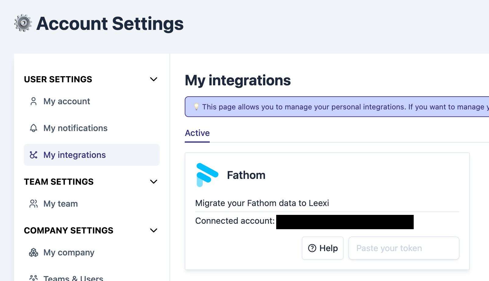 Saisie de la clé API Fathom dans Mes intégrations