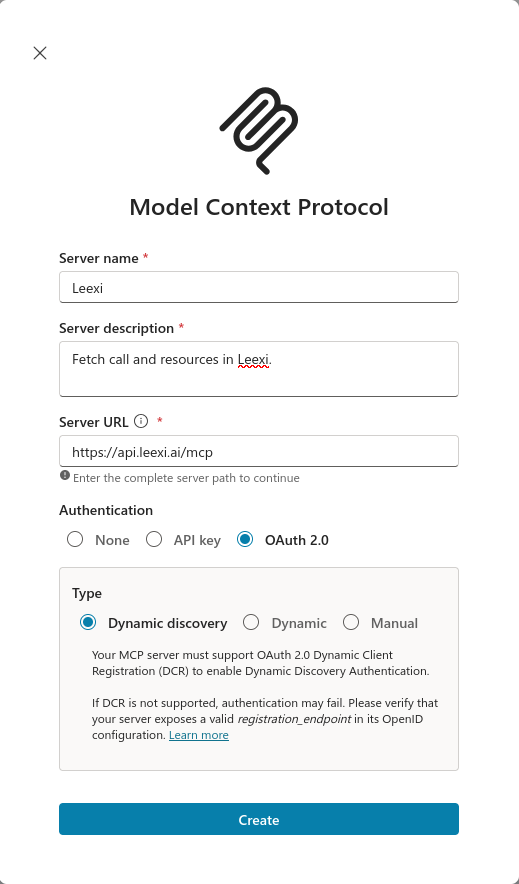 Configuration du serveur MCP Leexi dans Copilot Studio