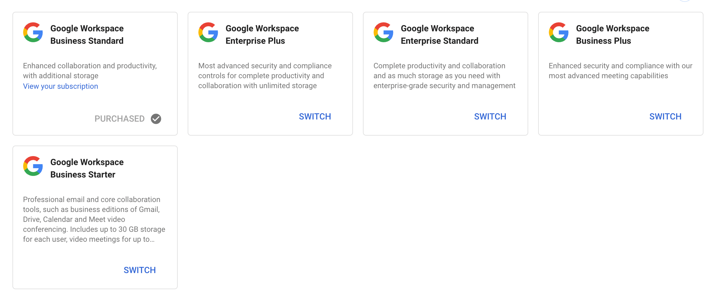 Plans Google Workspace avec l'offre Business Standard