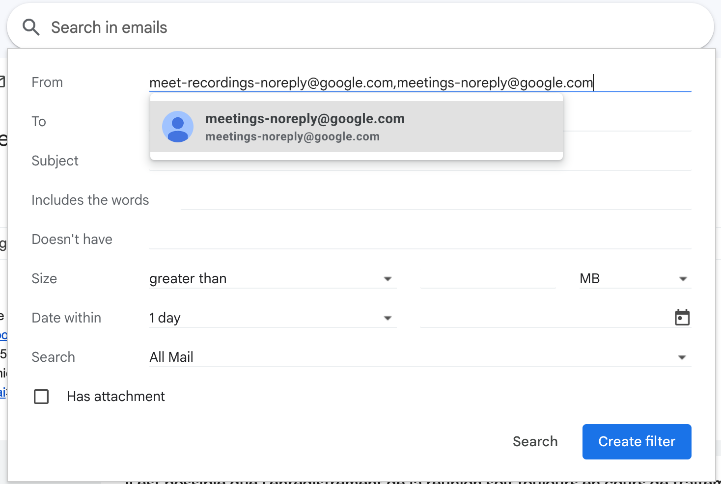 Options de recherche Gmail avec les expéditeurs renseignés