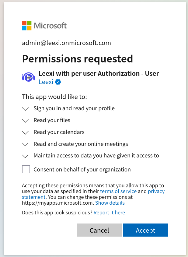 Permissions demandées par l'application Leexi