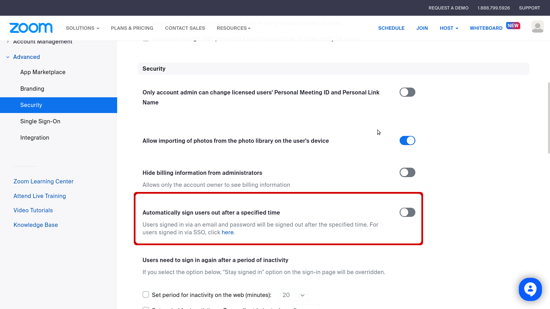 Paramètre de déconnexion automatique désactivé dans Zoom