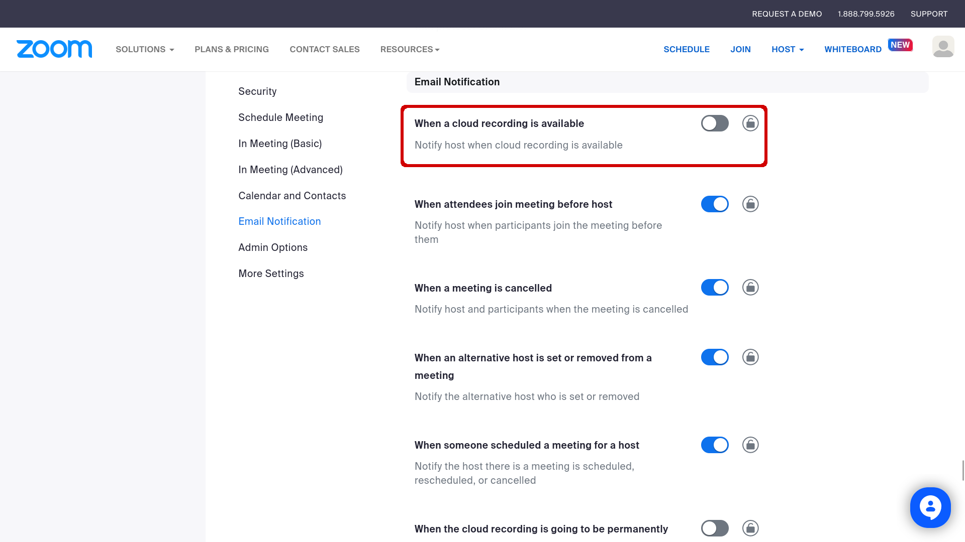 Option de notification email désactivée dans Zoom