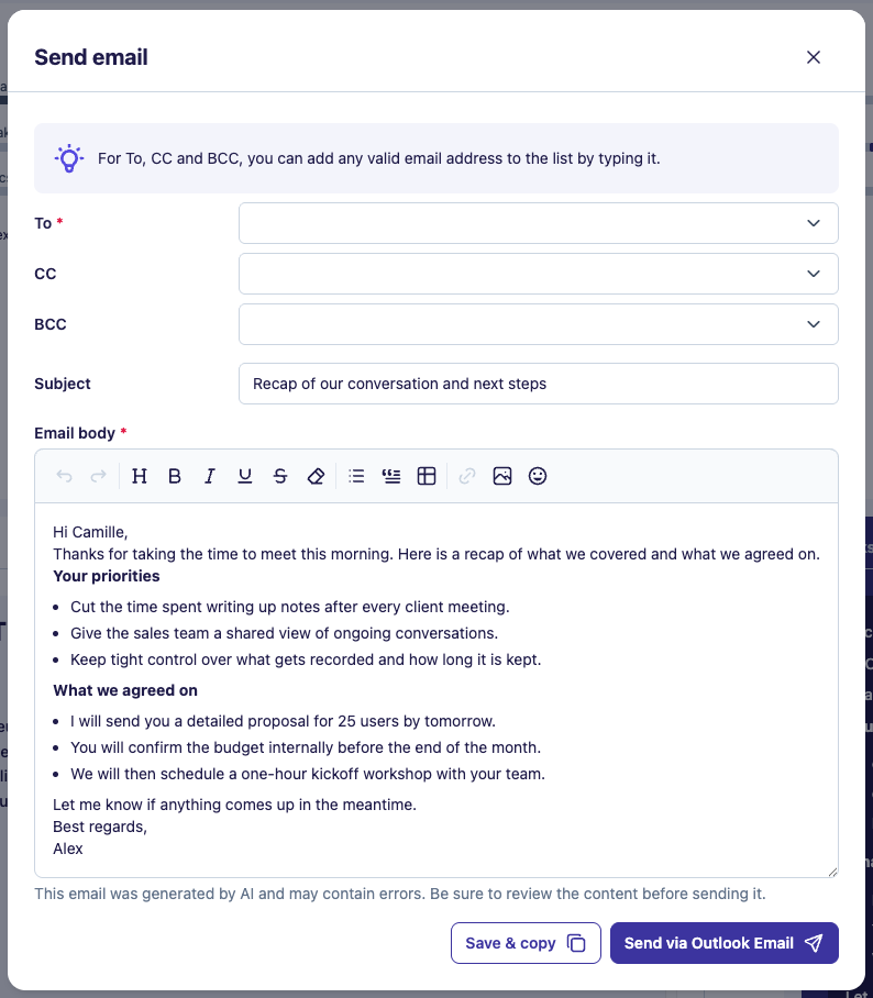 Send email window for a follow-up email