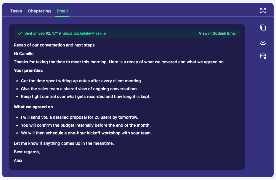 Sent banner shown at the top of the email tab