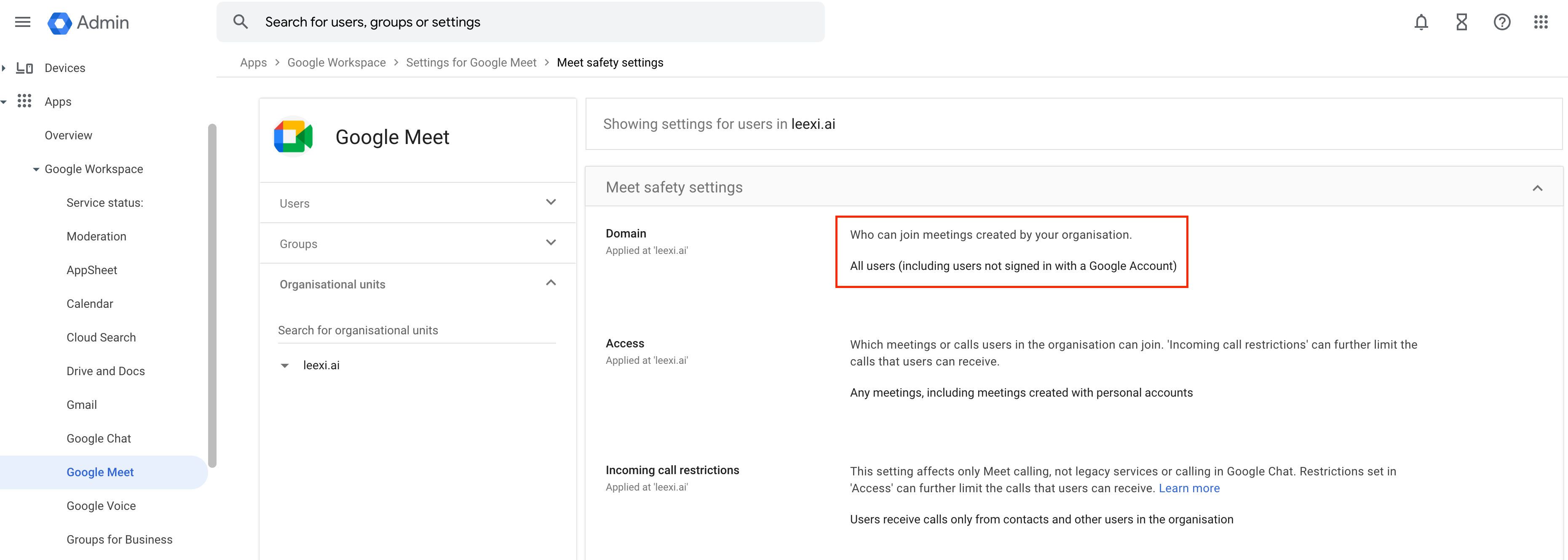 Paramètres de sécurité Google Meet dans la console d'administration