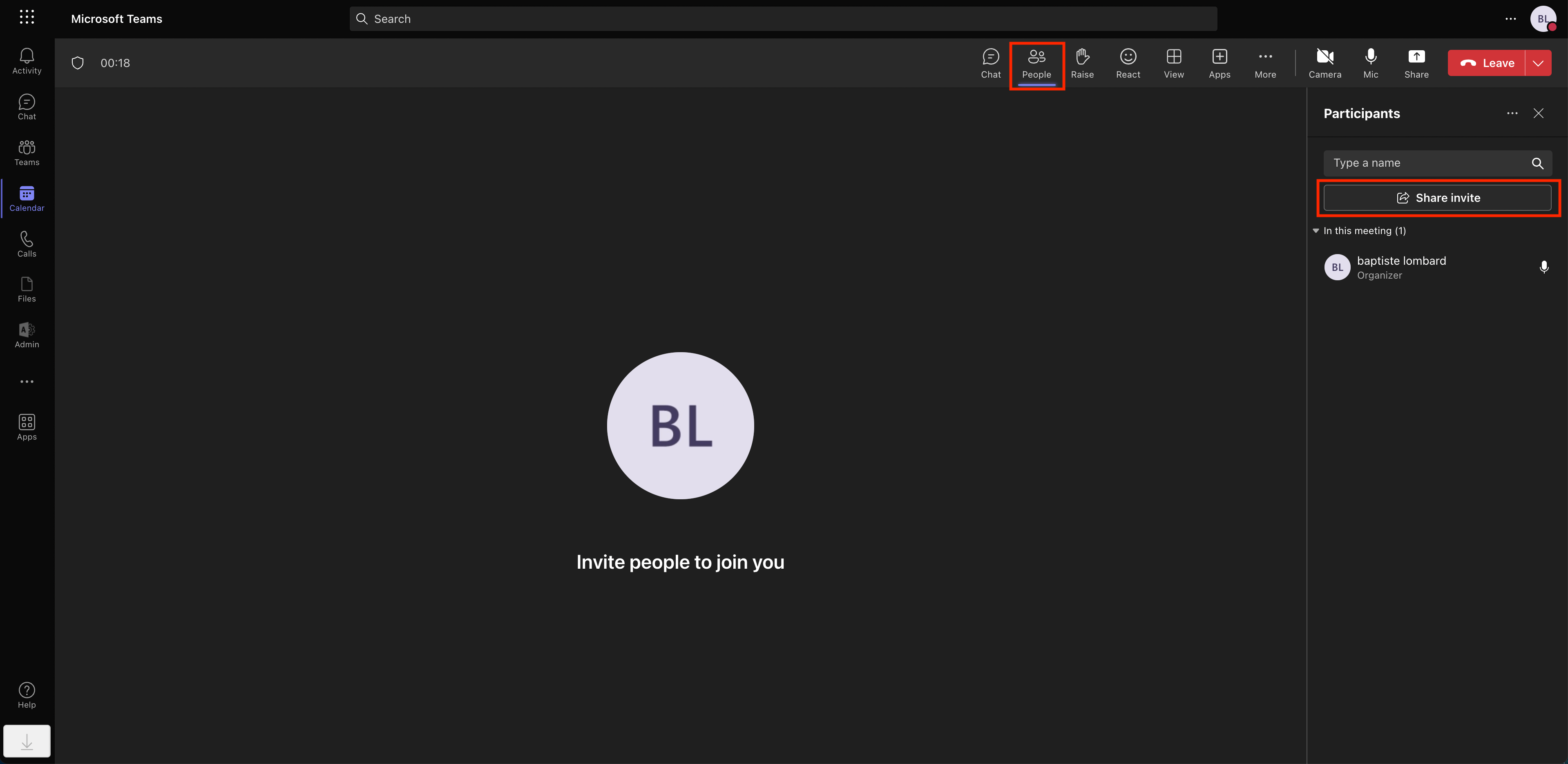 Bouton Partager l'invitation dans Teams