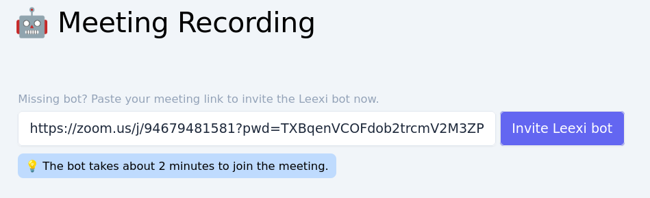 Bouton Inviter le bot Leexi