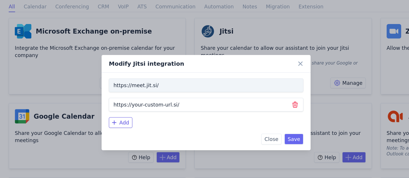 Ajout d'un domaine Jitsi personnalisé dans les intégrations