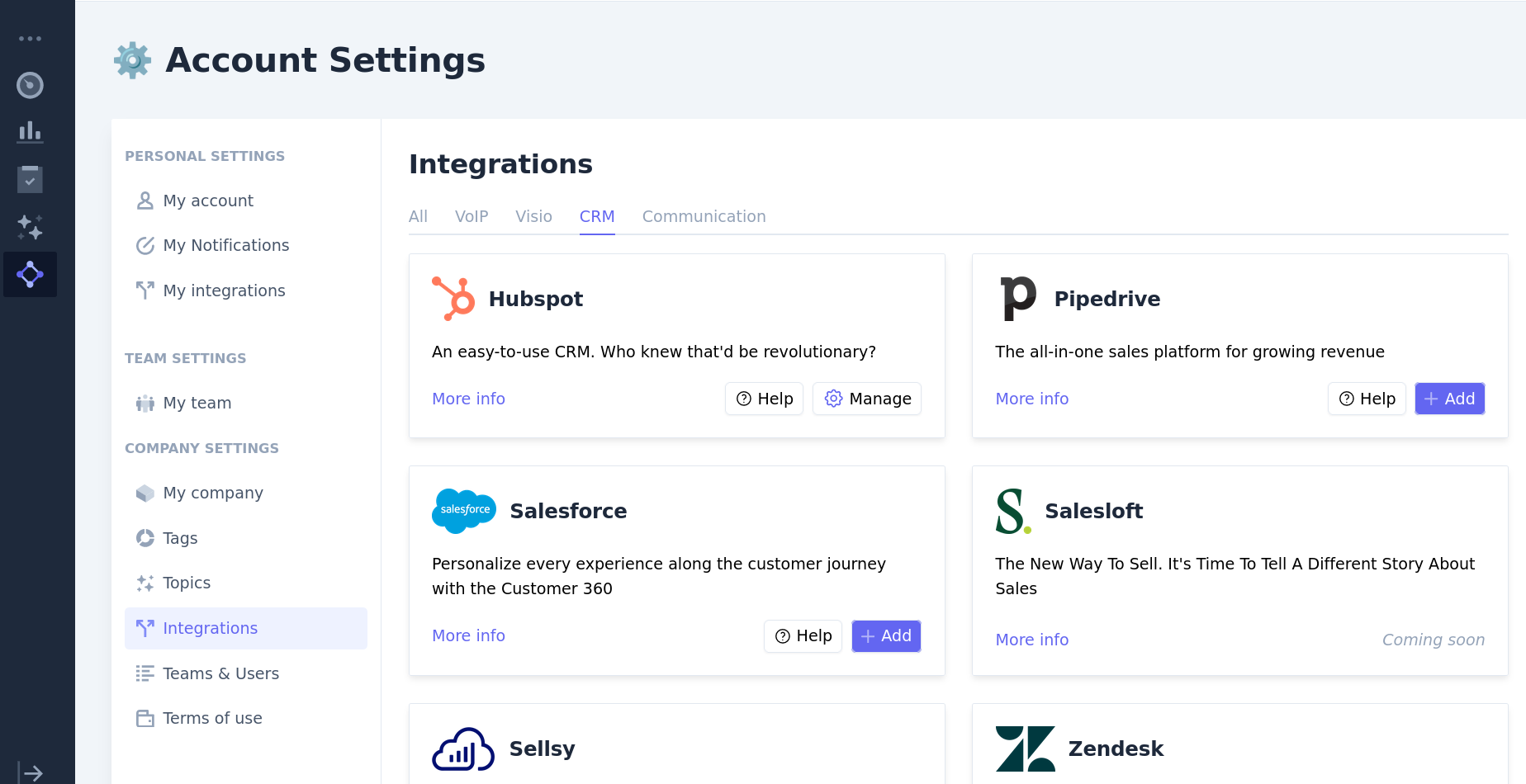 Carte de l'intégration Salesforce dans les paramètres Leexi