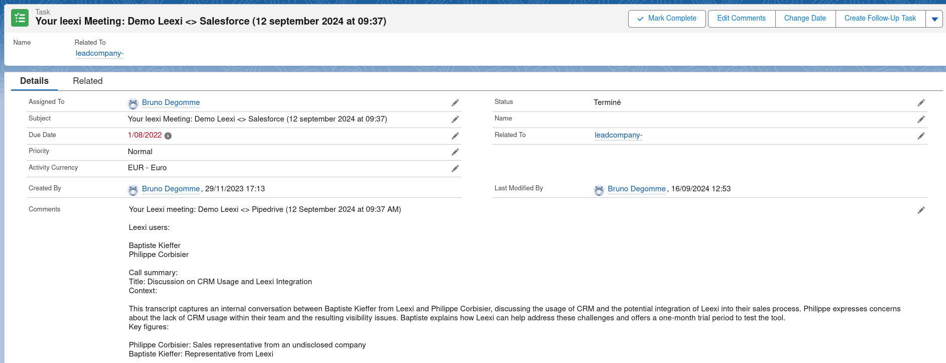 Résumé de l'appel dans Salesforce